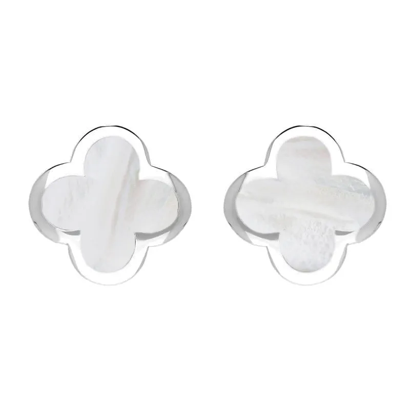 Sterling Silver White Mother of Pearl Bloom Four Leaf Clover Stud Earrings