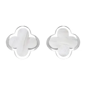 Sterling Silver White Mother of Pearl Bloom Four Leaf Clover Stud Earrings