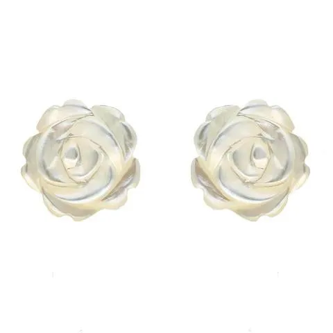 Sterling Silver White Mother of Pearl Tuberose 8mm Rose Stud Earrings