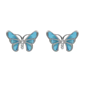 Sterling Silver White Sapphire Blue Enamel Style & Fashion Butterfly Stud Earrings