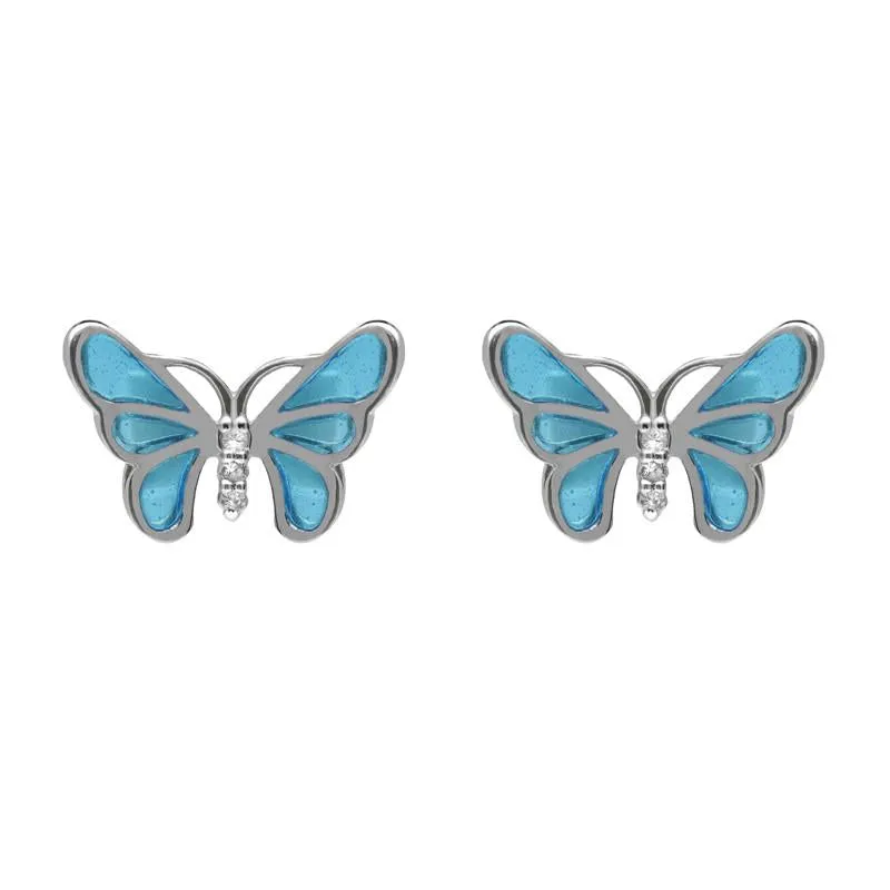 Sterling Silver White Sapphire Blue Enamel Style & Fashion Butterfly Stud Earrings