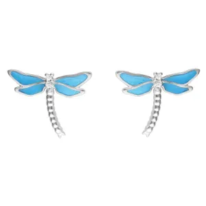 Sterling Silver White Sapphire Blue Enamel Style & Fashion Dragonfly Stud Earrings
