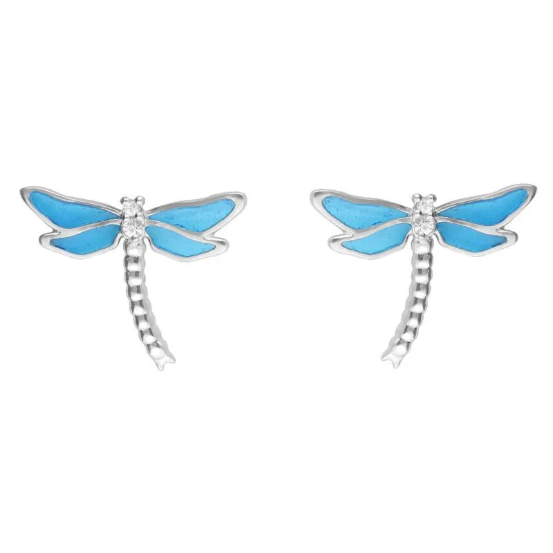 Sterling Silver White Sapphire Blue Enamel Style & Fashion Dragonfly Stud Earrings