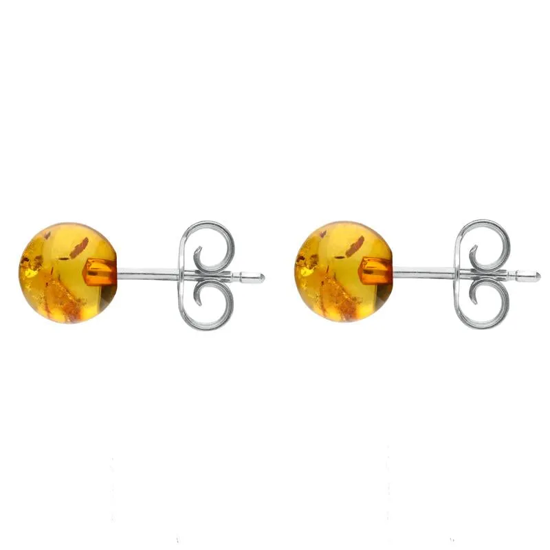 Sterling Silver Yellow Amber Round Ball Stud Earrings