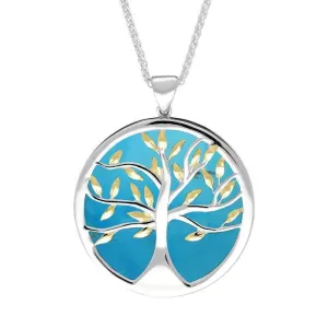 Sterling Silver Yellow Gold Plated Turquoise Large Round Tree of Life Necklace