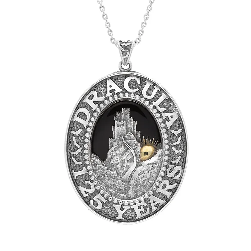 Sterling Silver Yellow Gold Plated Whitby Jet Dracula 125 Year Anniversary Large Oval Pendant