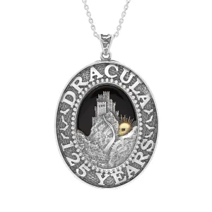 Sterling Silver Yellow Gold Plated Whitby Jet Dracula 125 Year Anniversary Large Oval Pendant