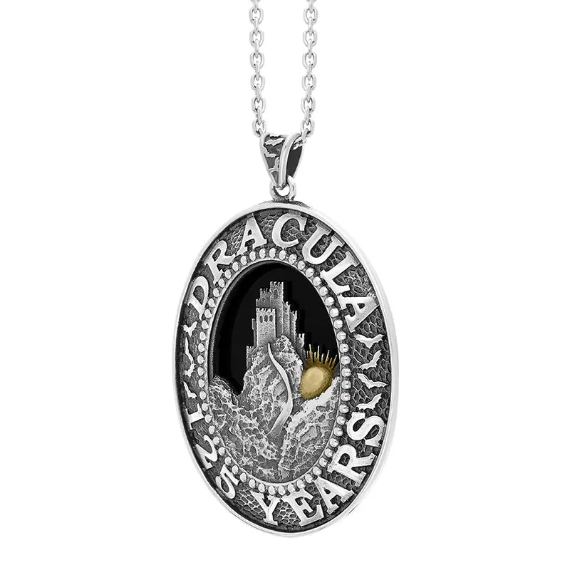 Sterling Silver Yellow Gold Plated Whitby Jet Dracula 125 Year Anniversary Large Oval Pendant