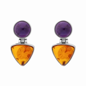 Sterling Silver Amber Amethyst Round Top Triangle Drop Stud Earrings D