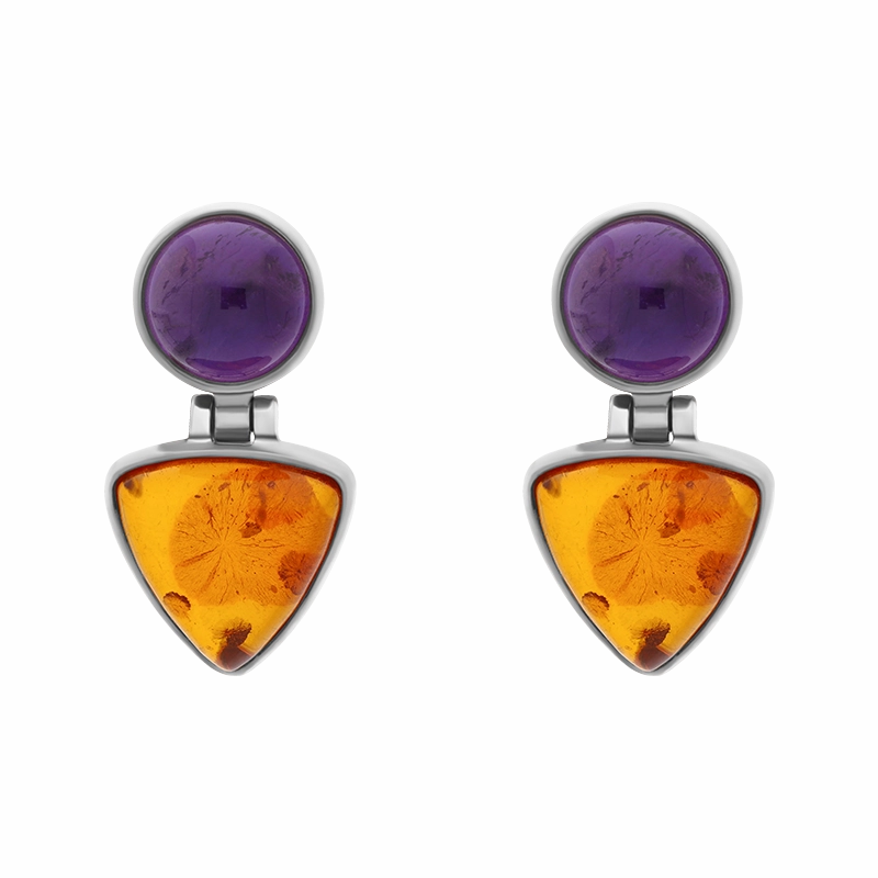 Sterling Silver Amber Amethyst Round Top Triangle Drop Stud Earrings D