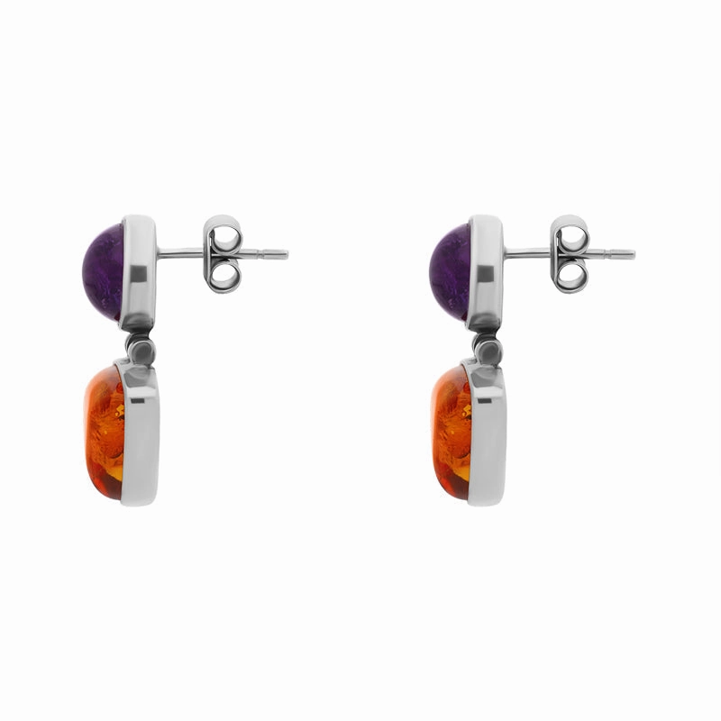 Sterling Silver Amber Amethyst Round Top Triangle Drop Stud Earrings D