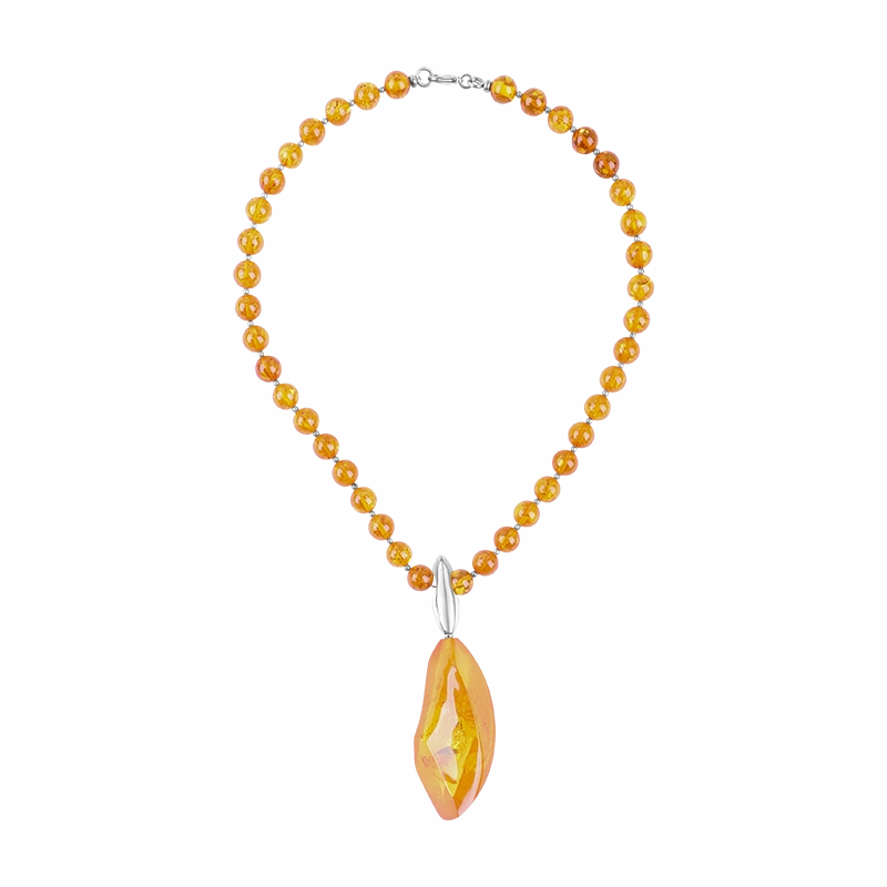 Sterling Silver Amber Beaded Pendant Necklace D
