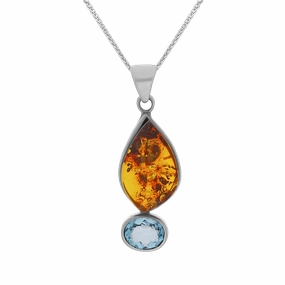 Sterling Silver Amber Blue Topaz Marquise Drop Necklace