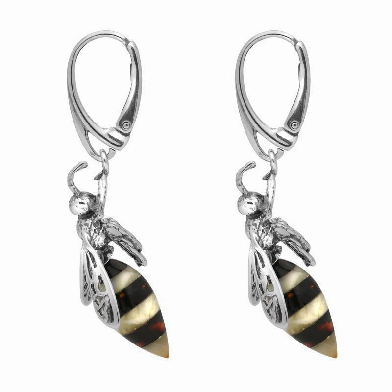 Sterling Silver Amber Body Bee Drop Earrings