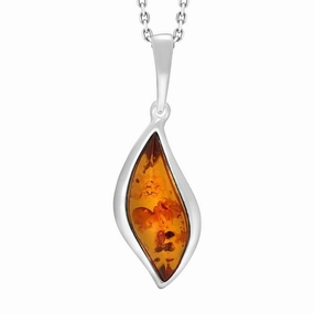 Sterling Silver Amber Leaf Shaped Domed Necklace