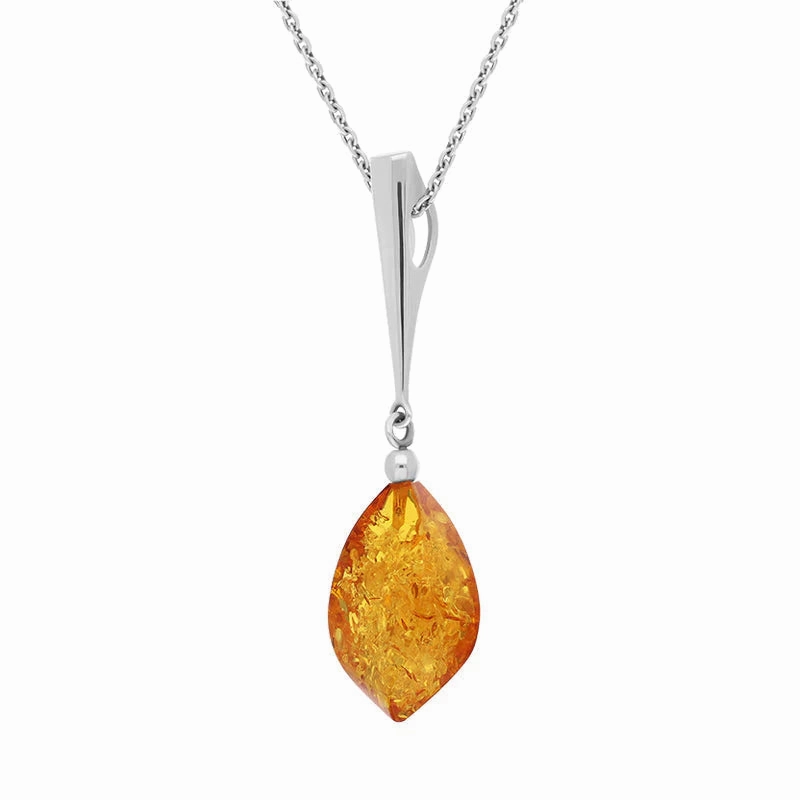 Sterling Silver Amber Long Pear Shaped Drop Necklace
