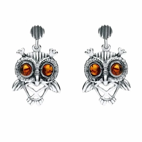 Sterling Silver Amber Orange Owl Stud Earrings