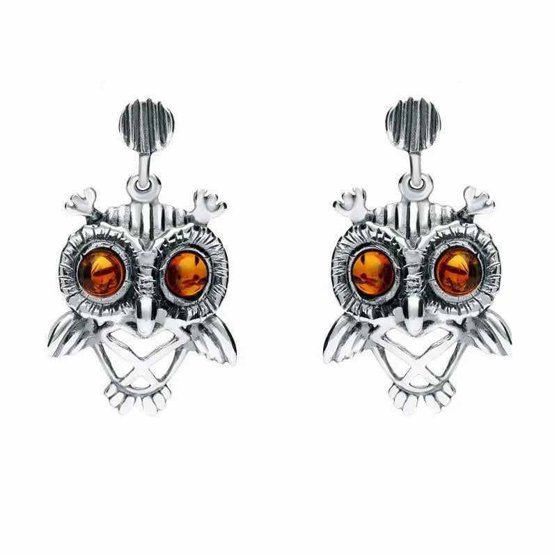 Sterling Silver Amber Orange Owl Stud Earrings