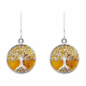 Sterling Silver Amber Round Tree Drop Earrings