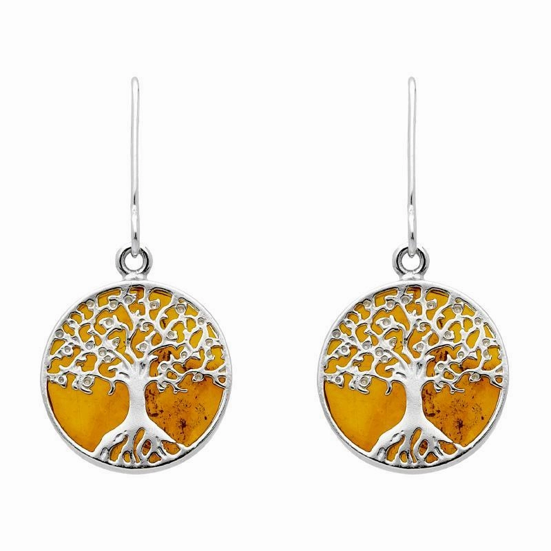 Sterling Silver Amber Round Tree Drop Earrings