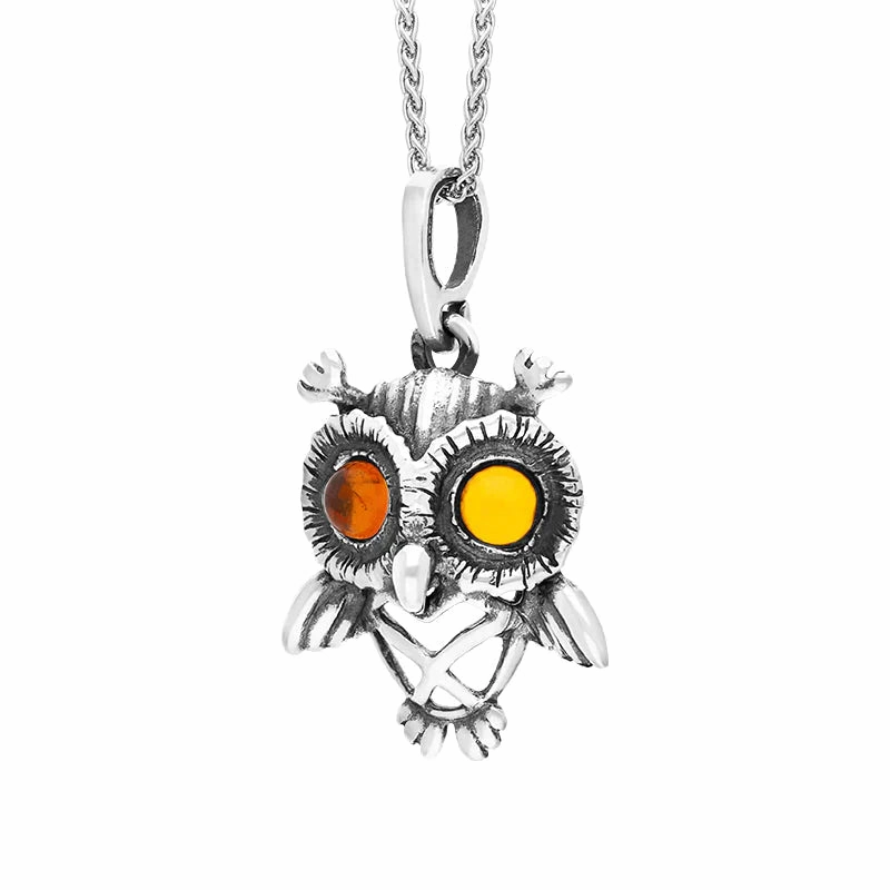 Sterling Silver Amber Small Owl Necklace