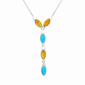 Sterling Silver Amber Turquoise Marquise Drop Necklace