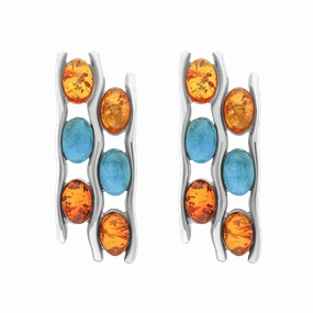 Sterling Silver Amber Turquoise Wavy Six Stone Stud Earrings D