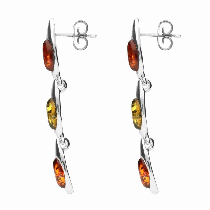 Sterling Silver Baltic Amber Three Stone Marquise Drop Earrings
