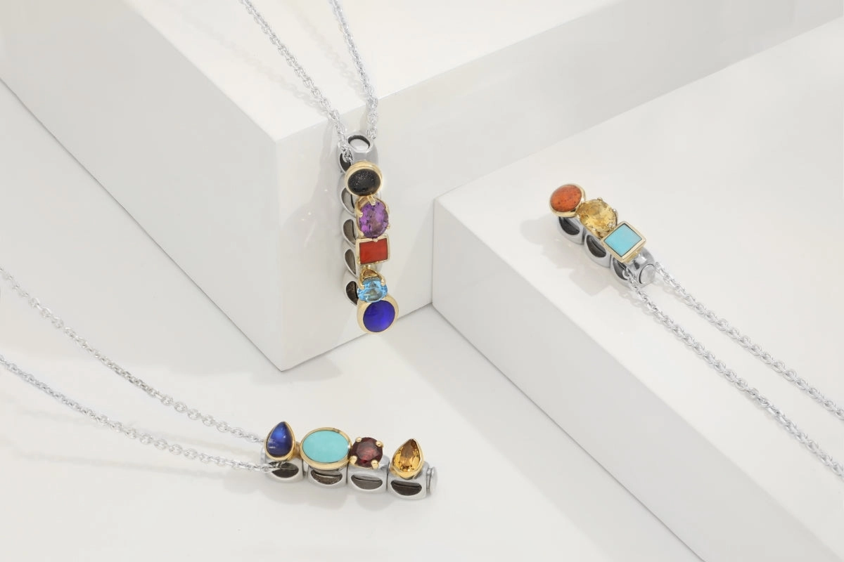 Sterling Silver Blue Goldstone Topaz Whitby Jet Amethyst Turquoise Stepping Stones Five Charm Necklace