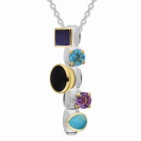 Sterling Silver Blue Goldstone Topaz Whitby Jet Amethyst Turquoise Stepping Stones Five Charm Necklace