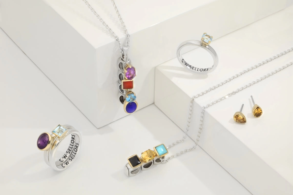 Sterling Silver Blue Goldstone Topaz Whitby Jet Amethyst Turquoise Stepping Stones Five Charm Necklace