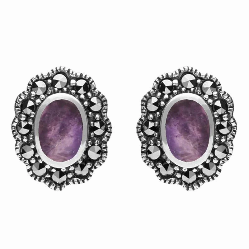 Sterling Silver Blue John Marcasite Oval Beaded Edge Stud Earrings
