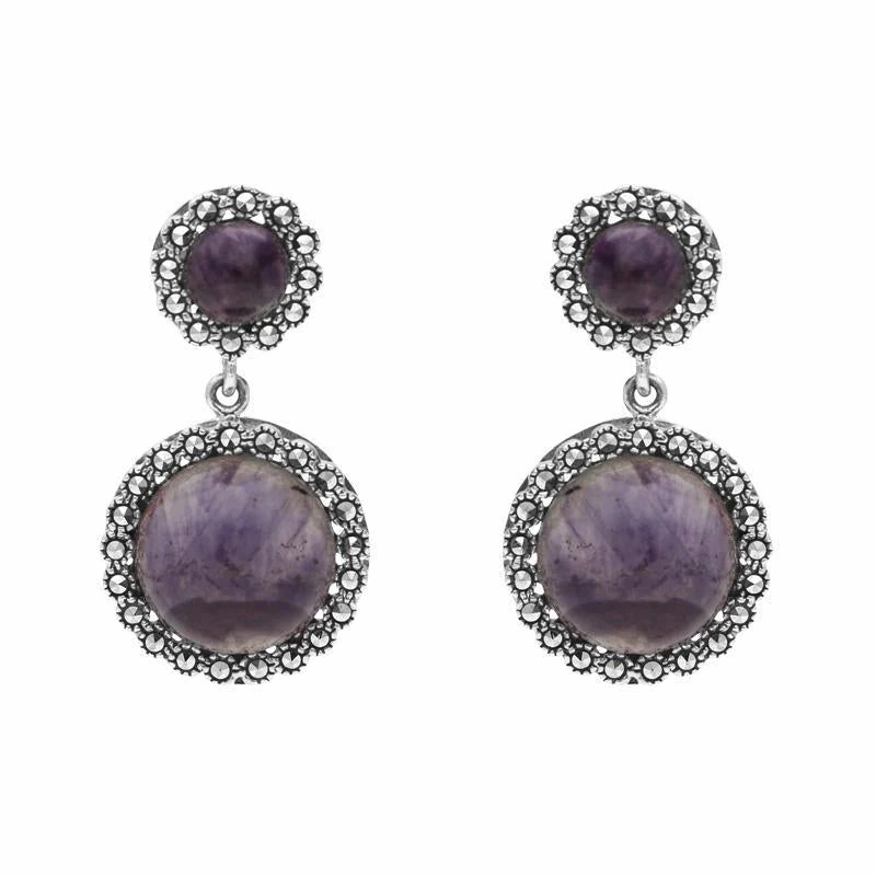 Sterling Silver Blue John Marcasite Round Double Drop Earrings