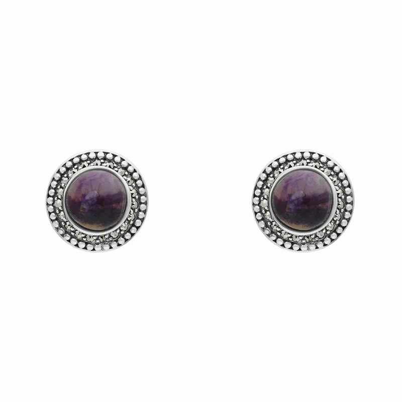 Sterling Silver Blue John Marcasite Round Stud Earrings