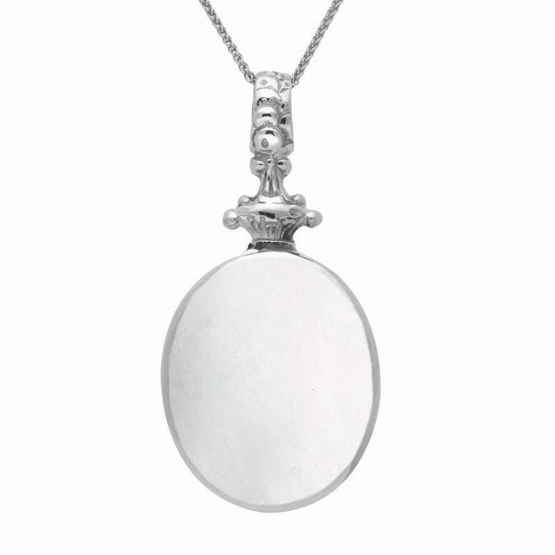 Sterling Silver Blue John White Mother Of Pearl Double Sided Oval Fob Necklace