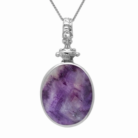 Sterling Silver Blue John White Mother Of Pearl Double Sided Oval Fob Necklace