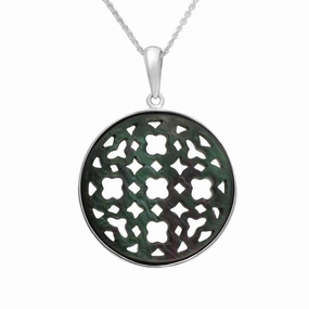 Sterling Silver Dark Mother of Pearl Large Clover Cut Out Round Necklace