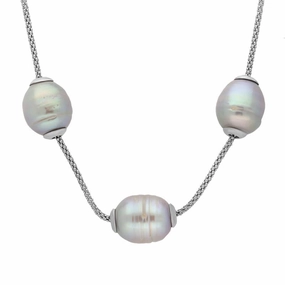Sterling Silver Grey Baroque Pearl Three Bead Necklace