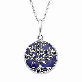 Sterling Silver Lapis Lazuli Small Round Large Leaves Tree of Life Necklace