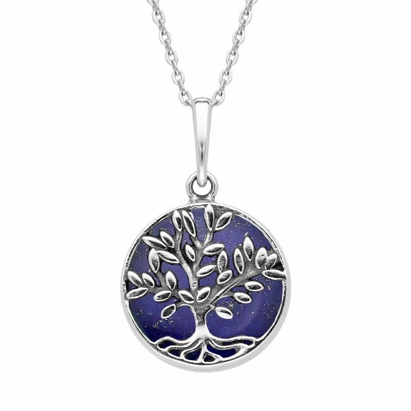 Sterling Silver Lapis Lazuli Small Round Large Leaves Tree of Life Necklace