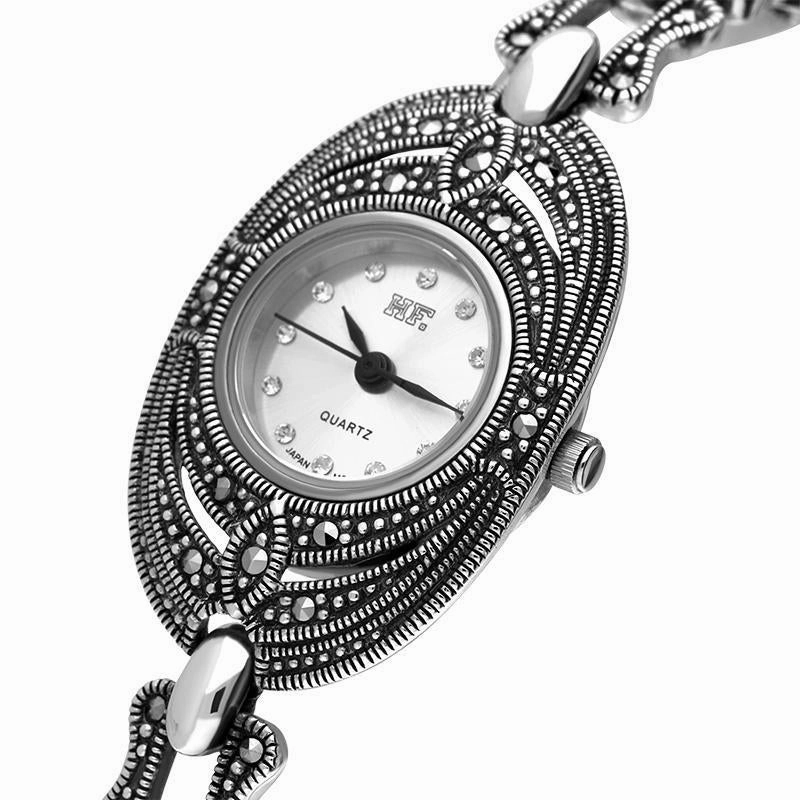 Sterling Silver Marcasite Oval Bracelet Watch