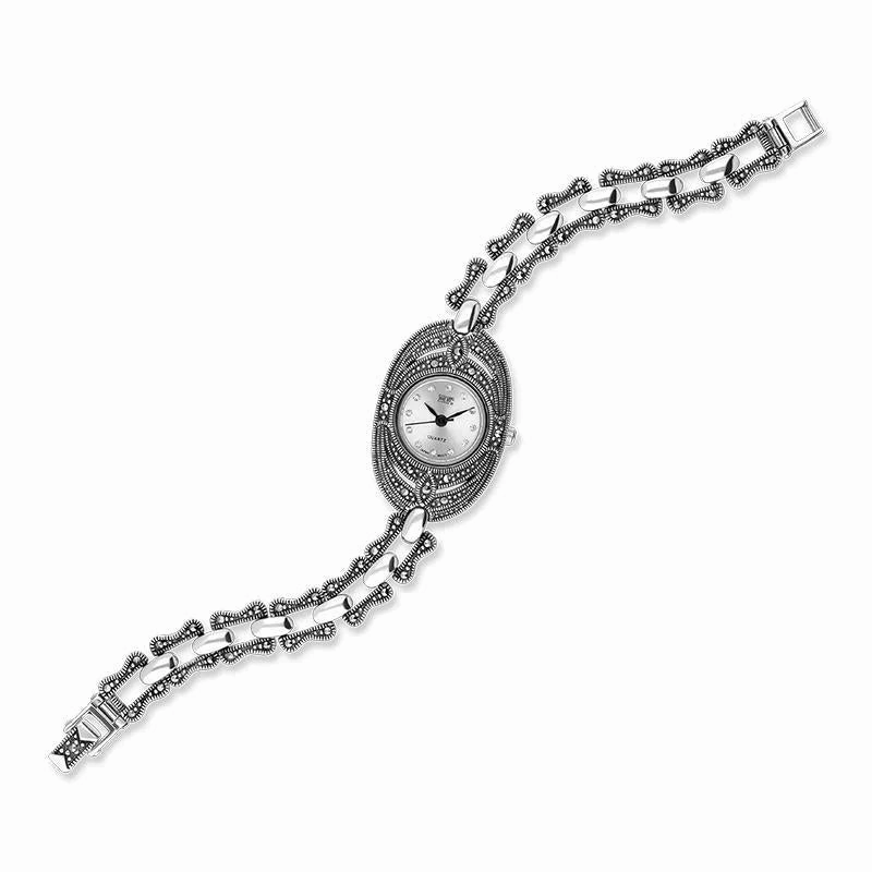 Sterling Silver Marcasite Oval Bracelet Watch