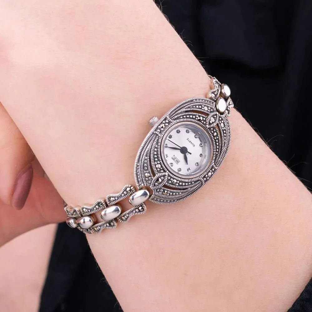 Sterling Silver Marcasite Oval Bracelet Watch
