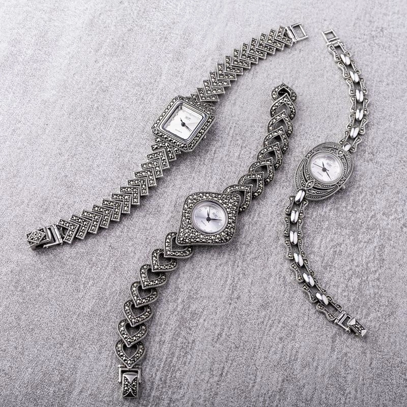 Sterling Silver Marcasite Oval Bracelet Watch