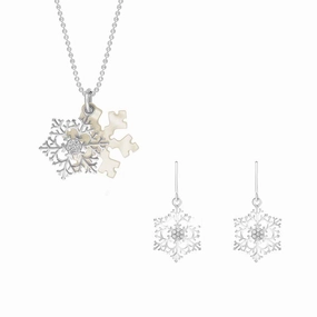 Sterling Silver Mother of Pearl Cubic Zirconia Small Snowflake Two Piece Set,
