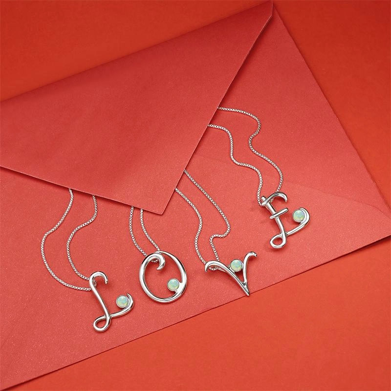 Sterling Silver Opal Love Letters Initial T Necklace