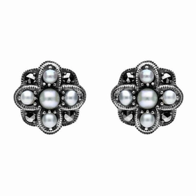 Sterling Silver Pearl and Marcasite Four Petal Flower Stud Earrings