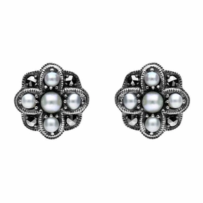 Sterling Silver Pearl and Marcasite Four Petal Flower Stud Earrings