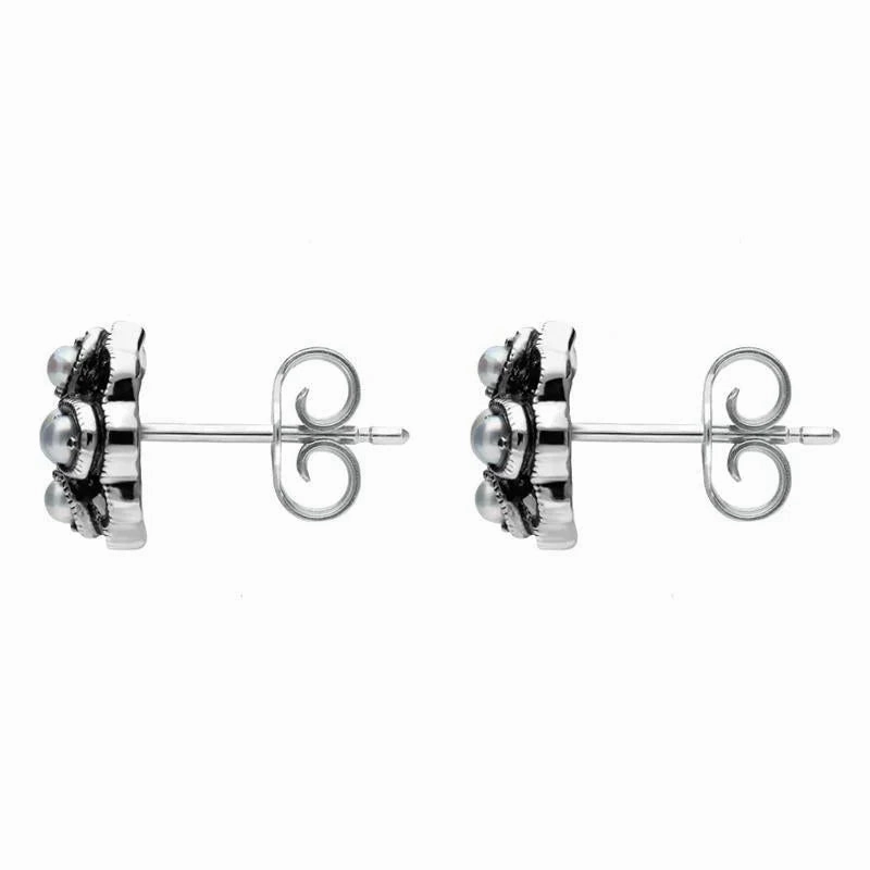 Sterling Silver Pearl and Marcasite Four Petal Flower Stud Earrings