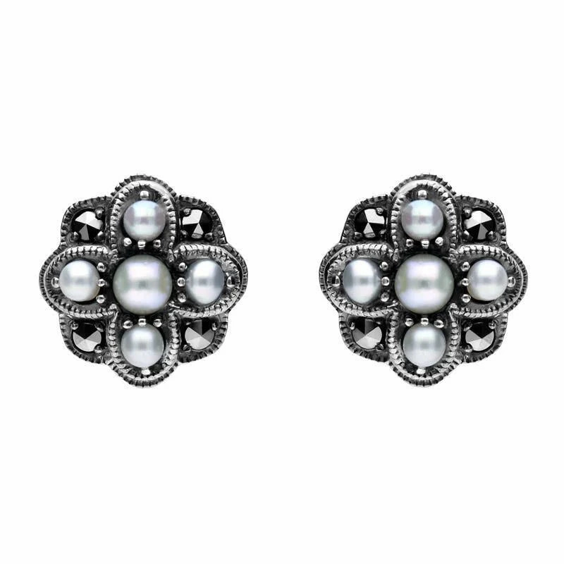Sterling Silver Pearl and Marcasite Four Petal Flower Stud Earrings